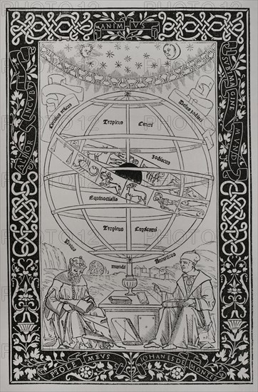 Ptolemaic system. Facsimile of an engraving of Epitoma in Almagestum Ptolemaei, by Johannes Muller von Königsberg (1436-1476), known as Regiomontanus, and Georg von Peuerbach (Georgius Purbachius) (1423-1461), published in Venice in 1496. Sciences & Lettres au Moyen Age et a l'epoque de la Renaissance. Paris, 1877.