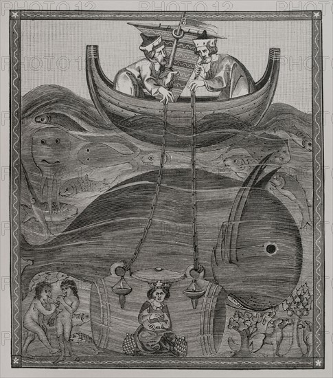 The marine world according to medieval beliefs. Alexander the Great descending to the bottom of the sea in a glass barrel to study the marine wildlife. Engraving based on a 13th-century miniature. Sciences & Lettres au Moyen Age et a l'epoque de la Renaissance. Paris, 1877.