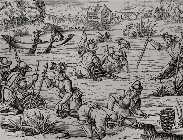 River fishing. Facsimile of an engraving from a Latin edition of Pliny. Frankfurt, 1584. Sciences & Lettres au Moyen Age et a l'epoque de la Renaissance. Paris, 1877.