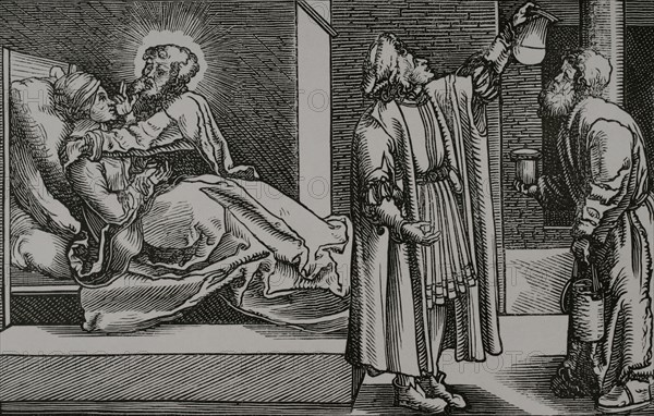 Cure through the Intercession of a Healing Saint. Facsimile of an engraving attributed to Hans Holbein, from the German translation of Boethius ""Consolation of Philosophy"", published in Augsburg in 1537. Sciences & Lettres au Moyen Age et a l'epoque de la Renaissance. Paris, 1877.