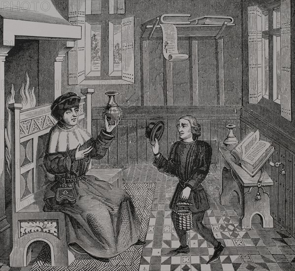 Interior of a Doctor's House. Engraving from a miniature of the ""Epistre de Othea"" by Christine de Pisan in the 15th century. Sciences & Lettres au Moyen Age et a l'epoque de la Renaissance. Paris, 1877.