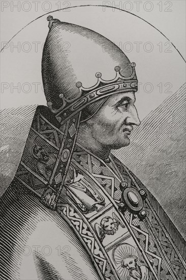 Innocent IV (ca. 1185-1254). Pope number 180 of the Catholic Church (1243-1254). Born in Genoa, Sinibaldo dei Fieschi. Portrait. Engraving. Sciences & Lettres au Moyen Age et a l'epoque de la Renaissance. Paris, 1877.