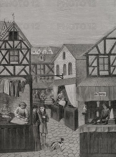 Shops in a street: barber, furrier and tailor. Engraving from a miniature of the ""Livre du regime des princes"" by Gilles de Rome (ca. 1247-1316). Sciences & Lettres au Moyen Age et a l'epoque de la Renaissance. Paris, 1877.