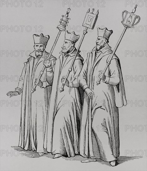 Beadles of the three faculties of theology, jurisprudence and medicine of the University of Pont-a-Mousson, at the funeral of Charles III, Duke of Lorraine in 1608, founder in 1572 of this university. Engraving. Sciences & Lettres au Moyen Age et a l'epoque de la Renaissance. Paris, 1877.