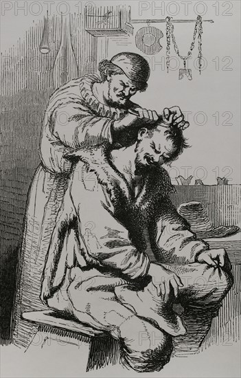 A barber-surgeon performing an operation. Facsimile of a 17th-century engraving by Cornelis de Wael. Sciences & Lettres au Moyen Age et a l'epoque de la Renaissance. Paris, 1877.