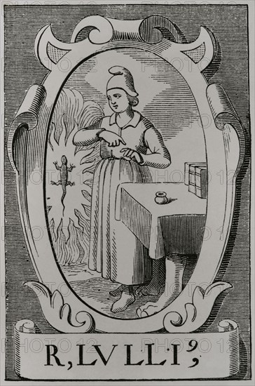 Ramon Llull (ca. 1232-1316). Religious, philosopher, poet, mystic, theologian and missionary from Majorca. The alchemist Raymond Lulle. Portrait after an engraving by Jean de Vries in the 16th century. Sciences & Lettres au Moyen Age et a l'epoque de la Renaissance. Paris, 1877.