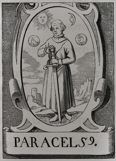 Paracelsus (1493-1541). German-Swiss physician. Portrait after an engraving by Jean de Vries. Sciences & Lettres au Moyen Age et a l'epoque de la Renaissance. Paris, 1877.