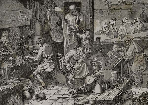 Laboratory of an alchemist. Engraving by Huyot after a panel by Pieter Brueghel the Elder and engraving by Jerome Cock in the 16th century. Sciences & Lettres au Moyen Age et a l'epoque de la Renaissance. Paris, 1877.