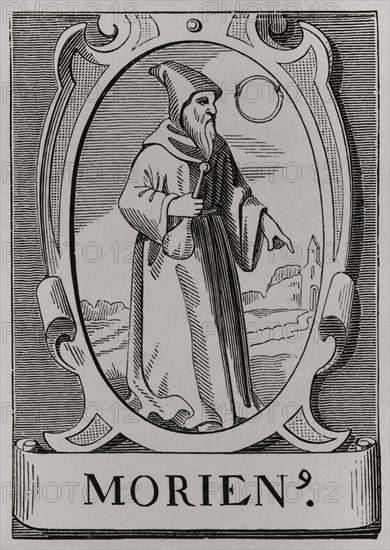 The alchemist Morienus. Portrait after an engraving by Jean de Vries in the 16th century. Sciences & Lettres au Moyen Age et a l'epoque de la Renaissance. Paris, 1877.