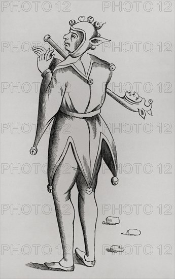 Buffoon holding a puppet beneath his arm. Engraving based on a miniature from a 15th-century manuscript. Sciences & Lettres au Moyen Age et a l'epoque de la Renaissance. Paris, 1877.