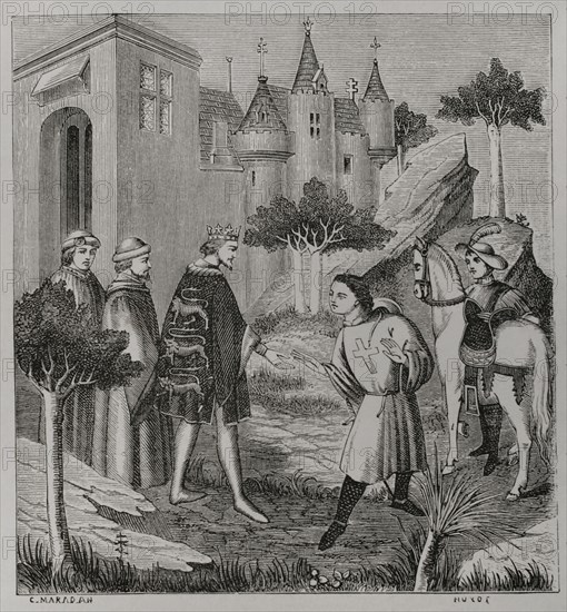 John de Mandeville, celebrated fictional character from the book ""The Travels of Sir John Mandeville"" (Mandeville's Travels), written between 1357 and 1371. It is about an English gentleman who travelled the world for thirty-four years, narrating everything that happened. John de Mandeville taking leave of King Edward III (1312-1377) before his departure for ""beyond the Seas"". Drawing by C. Maradan. Engraving by Huyot. After a 15th-century miniature. Sciences & Lettres au Moyen Age et a l'epoque de la Renaissance. Paris, 1877.