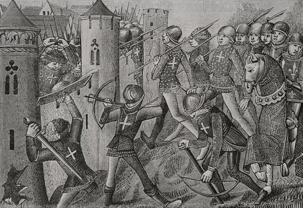 Hundred Years' War (1415-1429). Battle of Jargeau (11-12 June 1429). The French, led by Joan of Arc, took the initiative and defeated the English troops. How Gergeau was taken. Engraving from a miniature of the French manuscript ""Vigiles du Roi Charles VII"", ca. 1484. Sciences & Lettres au Moyen Age et a l'epoque de la Renaissance. Paris, 1877.