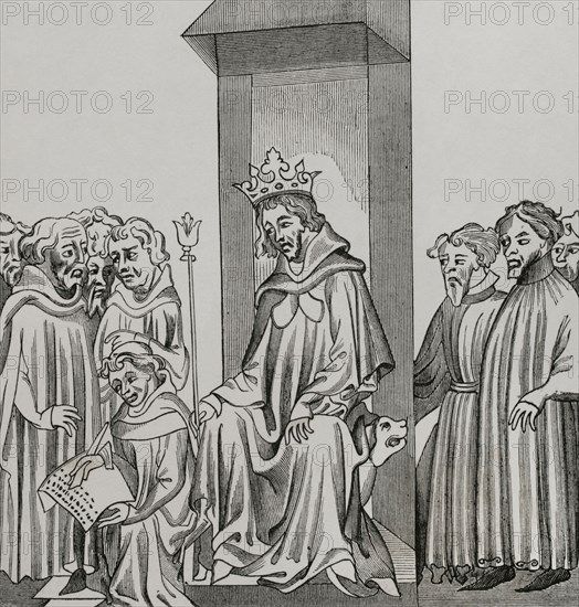 Clovis I (ca. 466-511). King of the Franks (481-511). Clovis in the midst of the military chiefs who formed his Treuste, or armed court, dictates the Salic law (code of the Barbarian laws). Engraving after a miniature in the ""Chronicles of Saint Denis"" (Chroniques de Saint-Denis), 14th-century manuscript. ""Moeurs, usages et costumes au moyen-age et a l'epoque de la Renaissance"", por Paul Lacroix. Paris, 1878.