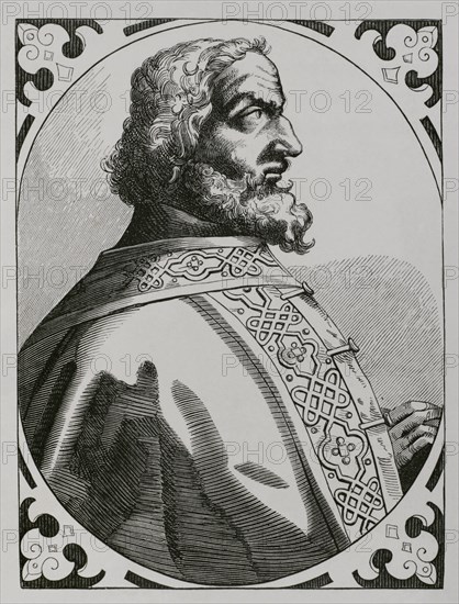 Charlemagne (742-814). King of the Franks (768-814), king of the Lombards (774-814), and emperor of the Holy Roman Empire (800-814). Portrait. Facsimile of a late 16th century engraving. ""Moeurs, usages et costumes au moyen-age et a l'epoque de la Renaissance"", by Paul Lacroix. Paris, 1878.