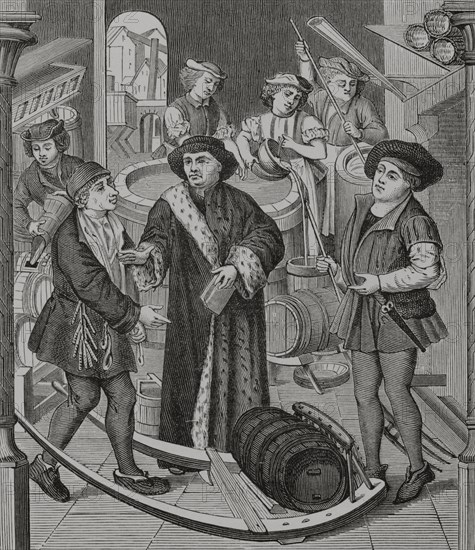 Right of the bishopric of Tournai on beer. Originally this tax was paid in kind. The Chapter collector went to the brewers' house to collect it. Later it was agreed that the brewers themselves would transport to the Chapter the amount due to be paid to them in kind. From 1286 onwards, brewers were allowed to keep all the benefits in exchange for the payment of an annual tax. The bishop of Tournai receiving the tithe of beer granted by King Chilperic. Engraving after a stained glass of the Cathedral Notre Dame of Tournai, 15th century. ""Moeurs, usages et costumes au moyen-age et a l'epoque de la Renaissance"", by Paul Lacroix. Paris, 1878.