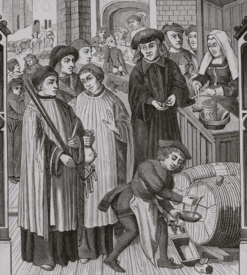 Dues on wines, privilege granted to the Chapter of Tournai by King Chilperic. Two clergymen, one carrying the measuring cups and the other a rod to measure the barrels. Engraving after a stained glass of the Cathedral Notre Dame of Tournai, 15th century. ""Moeurs, usages et costumes au moyen-age et a l'epoque de la Renaissance"", by Paul Lacroix. Paris, 1878.