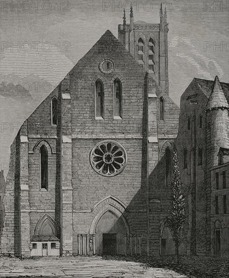 Paris, France. Facade of the former church of the Abbey of Saint Genevieve. Founded by Clovis I around 502, it was rebuilt between the 11th and 13th centuries. View of the building before its destruction shortly after 1800. Engraving. ""Moeurs, usages et costumes au moyen-age et a l'epoque de la Renaissance"", by Paul Lacroix. Paris, 1878.