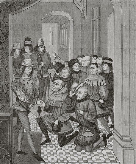 Louis II of Flanders (1330-1384). Count of Flanders. Deputies of the Burghers of Ghent in revolt against their sovereign, Louis II of Flanders, come to beg him to pardon them and to return to their town, 1379. Engraving after a miniature from ""Froissart"". ""Moeurs, usages et costumes au moyen-age et a l'epoque de la Renaissance"", by Paul Lacroix. Paris, 1878.