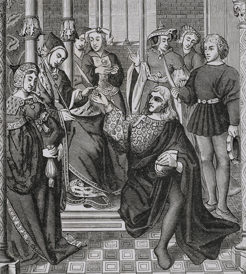 Fredegund (543-597). Queen consort of Neustria. Third wife of King Chilperic I. Queen Fredegund, seated on the throne, orders two young men from Therouanne to assassinate Sigebert, King of Austrasia. Engraving after a stained glass of the Cathedral Notre Dame of Tournai, 15th century. ""Moeurs, usages et costumes au moyen-age et a l'epoque de la Renaissance"", by Paul Lacroix. Paris, 1878.