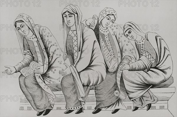 Dresses of noblewomen in the 11th century. Facsimile of an engraving based on a miniature from the ""Bible of Charles the Bald"", 9th century. ""Moeurs, usages et costumes au moyen-age et a l'epoque de la Renaissance"", by Paul Lacroix. Paris, 1878.