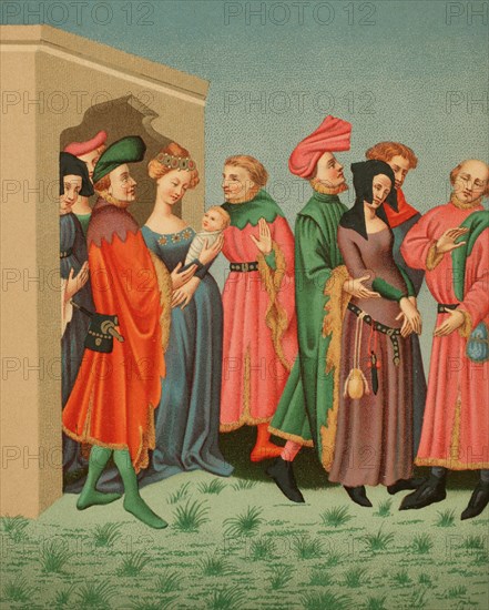 A young mother's retinue, depicting the Parisian costumes at the end of the 14th century. Chromolithography after a miniature of Terence de Duc's manuscript that belonged to King Charles VI, 15th century. ""Moeurs, usages et costumes au moyen-age et a l'epoque de la Renaissance"", by Paul Lacroix. Paris, 1878.