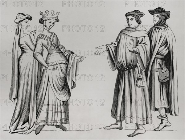 Noble lady and maid of honour accompanied by two bourgeois men wearing chaperon. 14th century. Engraving after a miniature in ""Merveilles du Monde"". ""Moeurs, usages et costumes au moyen-age et a l'epoque de la Renaissance"", by Paul Lacroix. Paris, 1878.