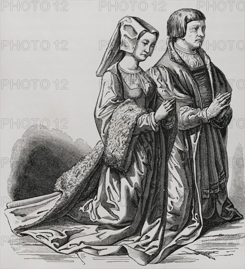 Bourgeois of Ghent in ceremonial costume, kneeling at the church. Engraving based on a stained glass window of a chapel in the city, 15th century. ""Moeurs, usages et costumes au moyen-age et a l'epoque de la Renaissance"", by Paul Lacroix. Paris, 1878.