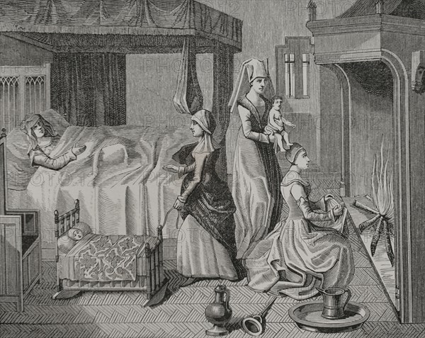 The bedroom of a parturient. Midwives tend to a newborn baby while the mother rests in bed. Another child lies in a cradle beside her. Facsimile of an engraving after a miniature in ""Histoire de la Belle Helv®ne"", manuscript of the 15th century. ""Moeurs, usages et costumes au moyen-age et a l'epoque de la Renaissance"", by Paul Lacroix. Paris, 1878.