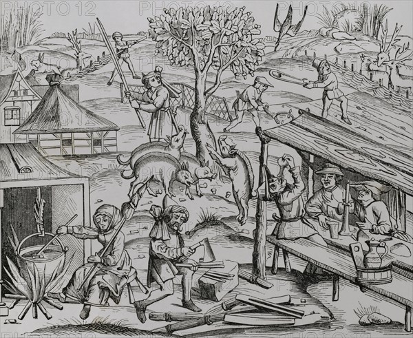 Life in the countryside. A woman with a distaff stirring food in a pot. 19th century facsimile after a woodcut from an edition of Virgil's works published in Lyon in 1517. ""Moeurs, usages et costumes au moyen-age et a l'epoque de la Renaissance"", by Paul Lacroix. Paris, 1878.