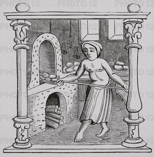 Bread making. Engraving after a miniature in a calendar published in a 16th century book of hours. ""Moeurs, usages et costumes au moyen-age et a l'epoque de la Renaissance"", by Paul Lacroix. Paris, 1878.