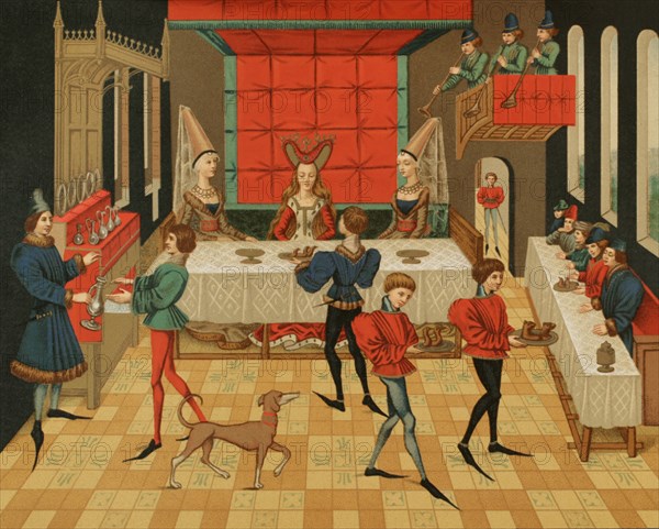 Table service of a Lady of Quality. Chromolithography from a miniature of the ""Roman de Renaud de Montauban"", 15th century manuscript. ""Moeurs, usages et costumes au moyen-age et a l'epoque de la Renaissance"", by Paul Lacroix. Paris, 1878.