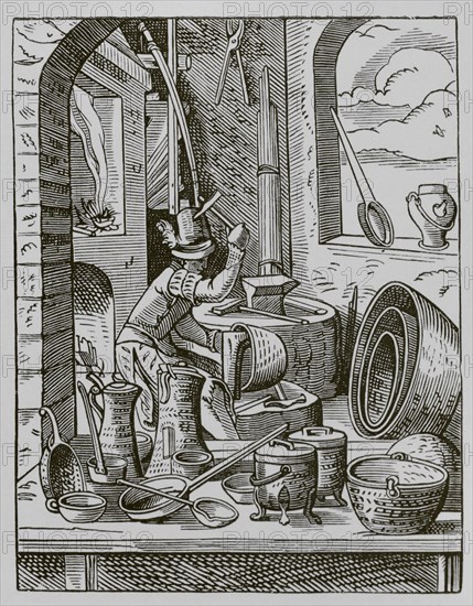 Coppersmith. Facsimile after a drawing and engraving by Jost Amman in the 16th century. ""Moeurs, usages et costumes au moyen-age et a l'epoque de la Renaissance"", by Paul Lacroix. Paris, 1878.