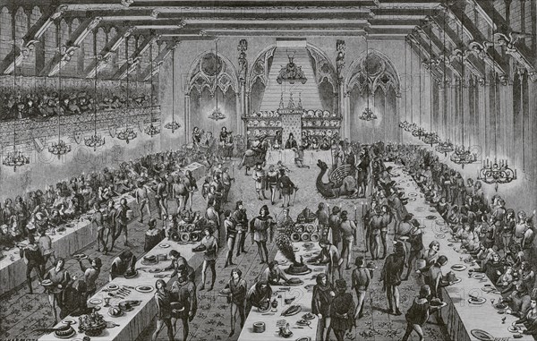 Grand ceremonial banquet at the French Court in the 14th century, with ""entremets"" (dishes that were served after roasts, vegetables and sweets). Engraving by Huyot from ""Dictionnaire raisonne du mobilier franvßais de l'epoque carlovingienne a la Renaissance"" by Viollet-le-Duc (1814-1879). ""Moeurs, usages et costumes au moyen-age et a l'epoque de la Renaissance"", by Paul Lacroix. Paris, 1878.