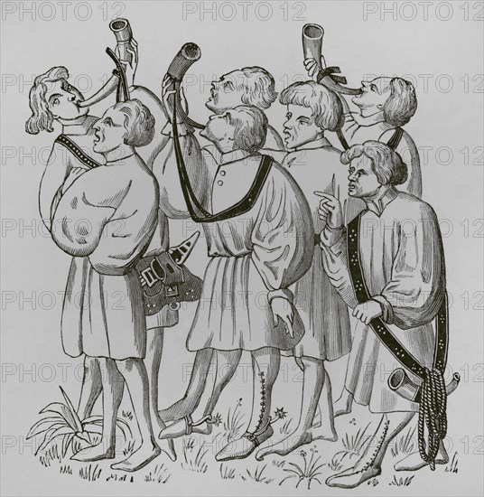 How to shout and blow horns. 19th century facsimile after a miniature in the manuscript of Gaston Phoebus, published in Paris, early 15th century. ""Moeurs, usages et costumes au moyen-age et a l'epoque de la Renaissance"", by Paul Lacroix. Paris, 1878.