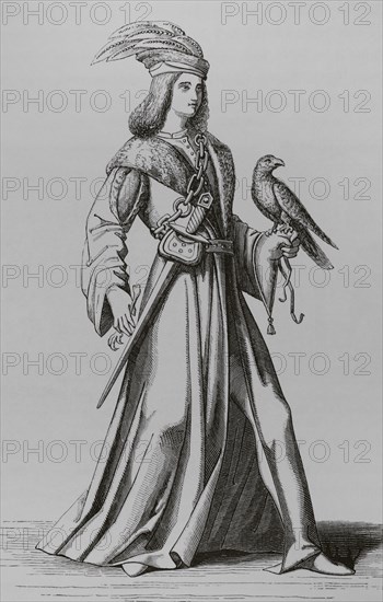 A fifteenth century noble of Provence. Engraving after ""Costumes historiques"" by Bonnard. ""Moeurs, usages et costumes au moyen-age et a l'epoque de la Renaissance"", by Paul Lacroix. Paris, 1878.