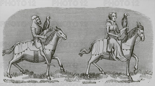 Lady setting out hunting. Engraving after a miniature from the book of the ""Roi Modus"" (King Modus), 14th century. ""Moeurs, usages et costumes au moyen-age et a l'epoque de la Renaissance"", by Paul Lacroix. Paris, 1878.