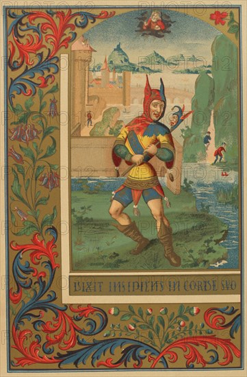 French court-fool in the 15th century. Chromolithography from a facsimile of a miniature. ""Moeurs, usages et costumes au moyen-age et a l'epoque de la Renaissance"", by Paul Lacroix. Paris, 1878.