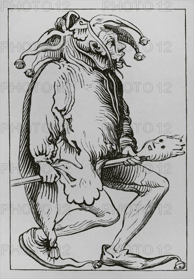 Court-fool. Engraving after a woodcut in Sebastian Monster's ""Cosmographia universalis"", published in Basel in 1552. ""Moeurs, usages et costumes au moyen-age et a l'epoque de la Renaissance"", by Paul Lacroix. Paris, 1878.