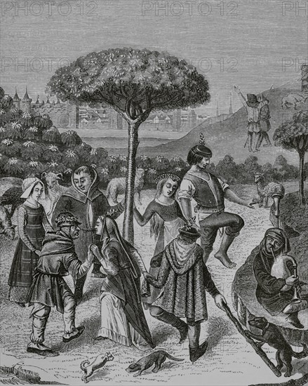 Peasant dances of the May Feasts. Facsimile of an engraving from a miniature in a 15th-century book of hours. ""Moeurs, usages et costumes au moyen-age et a l'epoque de la Renaissance"", by Paul Lacroix. Paris, 1878.