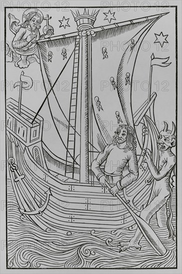 Boat sailing in the midst of the dangers of the sea. A sailor is trapped with his boat at sea during a storm. The devil threatens his life. God, in heaven, seems to protect the sailor's course to reach port. Facsimile after an engraving of ""Le grand calendrier et compost des bergers"" by Nicolas le Rouge, Troyes, ca. 1490. ""Moeurs, usages et costumes au moyen-age et a l'epoque de la Renaissance"", by Paul Lacroix. Paris, 1878.