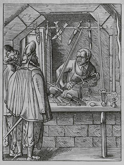 The trades. The swordmaker. Facsimile after a drawing and engraving by Jost Amman in the 16th century. ""Moeurs, usages et costumes au moyen-age et a l'epoque de la Renaissance"", by Paul Lacroix. Paris, 1878.