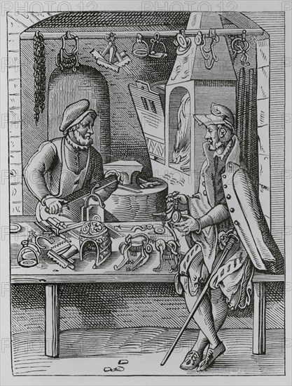 The trades. The spur maker. Facsimile after a drawing and engraving by Jost Amman in the 16th century. ""Moeurs, usages et costumes au moyen-age et a l'epoque de la Renaissance"", by Paul Lacroix. Paris, 1878.