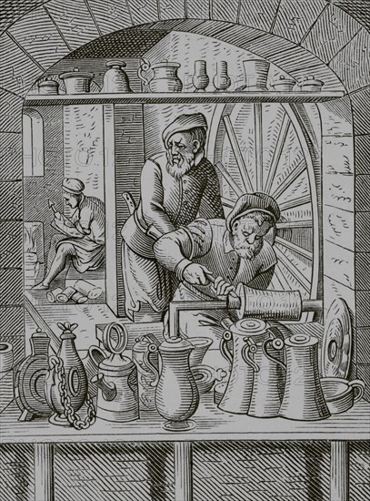 Tin craftsman. Reproduction of a 16th-century engraving by Jost Amman. ""Moeurs, usages et costumes au moyen-age et a l'epoque de la Renaissance"", by Paul Lacroix. Paris, 1878.