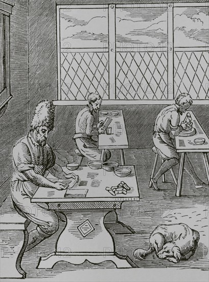 Pin and Needle maker. Reproduction of a 16th-century engraving by Jost Amman. ""Moeurs, usages et costumes au moyen-age et a l'epoque de la Renaissance"", by Paul Lacroix. Paris, 1878.