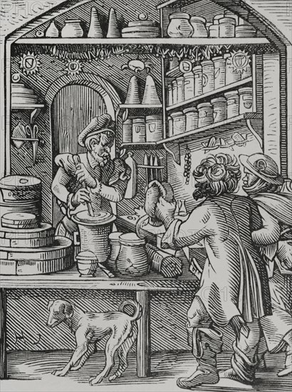 The Apothecary. Reproduction of a 16th-century engraving by Jost Amman. ""Moeurs, usages et costumes au moyen-age et a l'epoque de la Renaissance"", by Paul Lacroix. Paris, 1878.