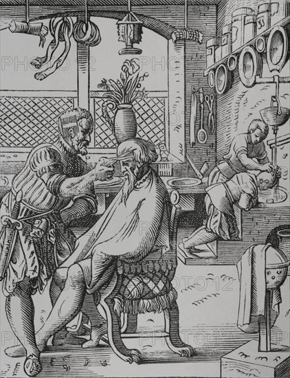 The Barber. Reproduction of a 16th-century engraving by Jost Amman. ""Moeurs, usages et costumes au moyen-age et a l'epoque de la Renaissance"", by Paul Lacroix. Paris, 1878.