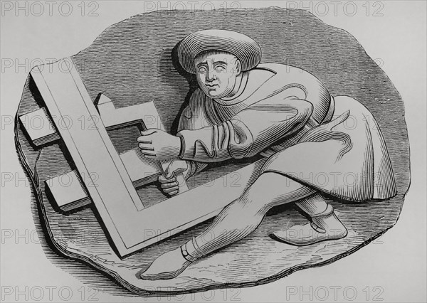 Carpenter's apprentice working with a large square. Engraving after one of the stalls, called ""Misericords"" (1457-1470), in Rouen Cathedral. ""Moeurs, usages et costumes au moyen-age et a l'epoque de la Renaissance"", by Paul Lacroix. Paris, 1878.