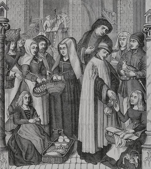 Chapter right on markets and food stalls. Toll on market, levied by a cleric. Engraving after one of the 15th-century stained glass windows in the cathedral of Tournay (French city at that time). ""Moeurs, usages et costumes au moyen-age et a l'epoque de la Renaissance"", by Paul Lacroix. Paris, 1878.