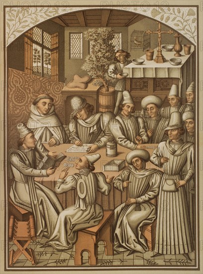 Settlement of accounts by the Brotherhood of ""Charite-Dieu and Notre-Dame of the Recovery of Rouen"", 1466. Chromolithography after a miniature from the ""Livre des comptes"" of the Society, 15th-century manuscript. ""Moeurs, usages et costumes au moyen-age et a l'epoque de la Renaissance"", by Paul Lacroix. Paris, 1878.