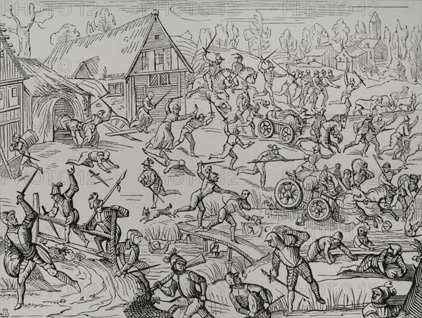 A village pillaged by soldiers. Facsimile of a woodcut in ""Oldenburgisches Chronicon"", 1599. ""Moeurs, usages et costumes au moyen-age et a l'epoque de la Renaissance"", by Paul Lacroix. Paris, 1878.